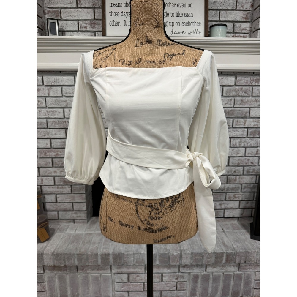 Lucy Paris Peplum Top Womens XS White Tie Waist Puff Sleeve Coquette Elegant NWT